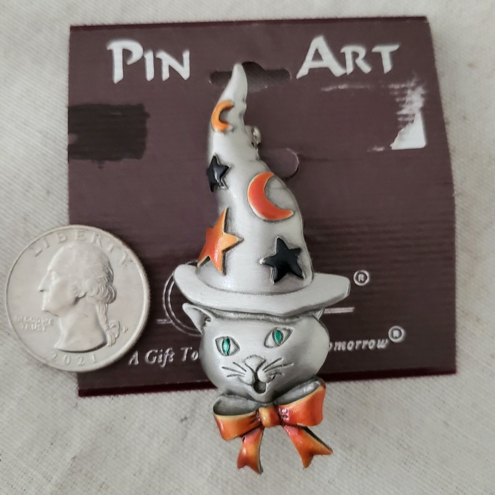 Vintage Spoontiques JJ Jonette Jones Jewelry Halloween Cat With Hat Pin Brooch